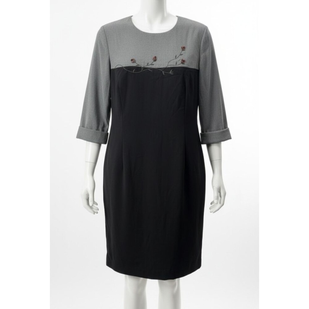 Vtg 90s Positive Attitude Dress Size 18 Black Grey Color Block Sheath Floral Emb